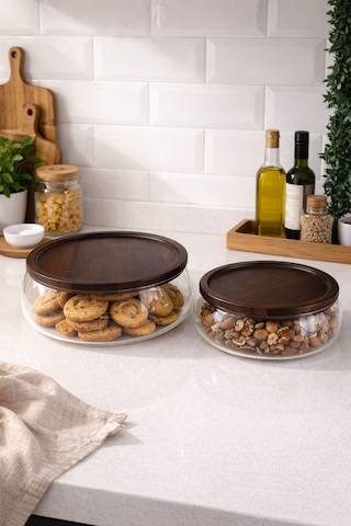 Morponi 2'li Borosilikat Cam Lüks Akasya Kapaklı Cam Kase - Sunumluk-salata Kasesi 18 Cm - 22 Cm Şeffaf