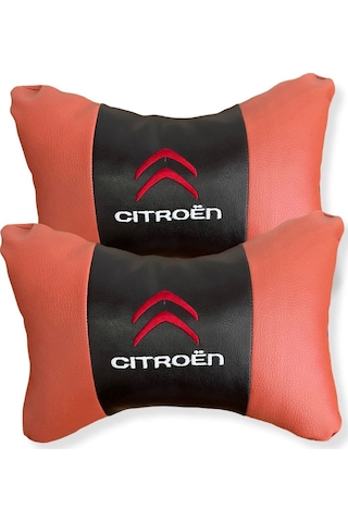Citroen Nakışlı Ortopedik Lüks Araç Seyahat Deri Oto Boyun Yastığı İkili Kahverengi Oto Yastık Siyah