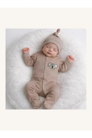 Ferasty İstanbul Unisex Bebek Tulum Koala Nakışlı Şapkalı Açık Kahverengi