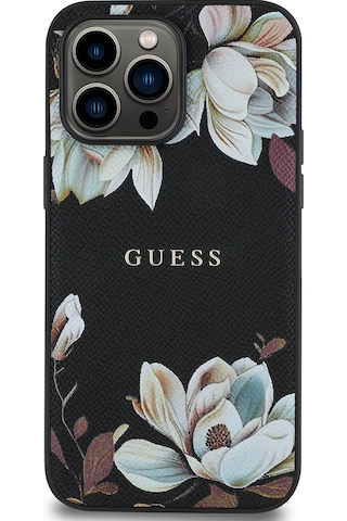 Apple Uyumlu iPhone 14 Pro Max Kılıf Guess Lisanslı M-safe Özellikli Taneli Çiçek Tasarımlı Metal Logolu Siyah