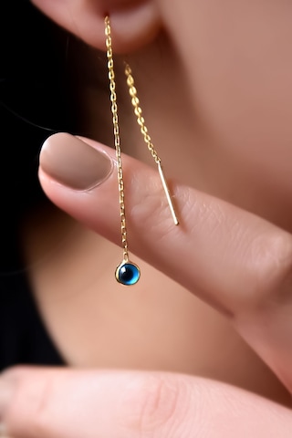 Papatya Silver 925 Ayar Gümüş Gold Kaplama Cam Göz Zincir Küpe
