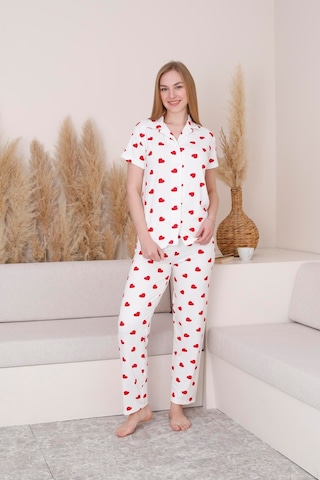 Mutlu City Milan Kumaş Kalp Desenli Düğmeli Kadın Pijama Takımı 3103-beyaz Beyaz