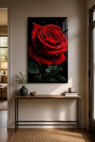 Kırmızı Gül Desenli Baskılı Cam Tablo Siyah Fonlu Uv Baskı Duvar Dekoru