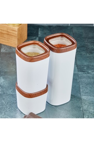 Ceronni Bonny Erzak Saklama Kabı 3lü Set Ahşap Kaplama Kapak Renkli Hazne 1,8lt - 1lt - 600ml Koyu Ahşap Ahşap