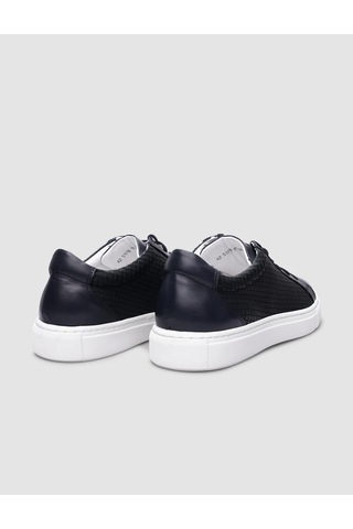%100 Hakiki Deri Lacivert Kare Desenli Bağcıklı Erkek Sneaker-lacivert Lacivert