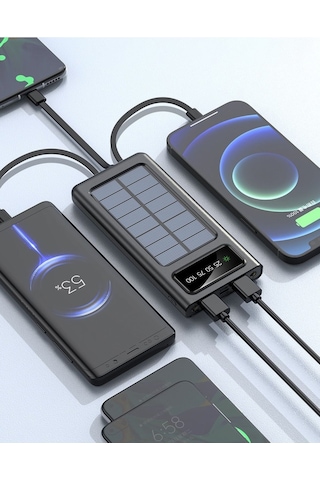 Solar 10.000 Mah Güneş Enerjili Led Işıklı Powerbank Şarj Aleti 2x Usb Çıkışlı Mikro Typc Lıghtnıng Siyah