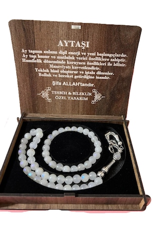 Ay Taşı Tesbih Ve Bileklik Seti Özel Tasarım Ahşap Kutusunda