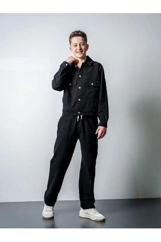 Erkek Çocuk Robalı Gömlek Keten Pantolon Takım-15547 Siyah