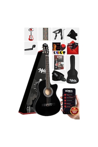 Midex CG-395BK Siyah Klasik Gitar 4/4 Sap Ayarlı Kesik Kasa Full Set Çanta Askı Tuner Metod Pena