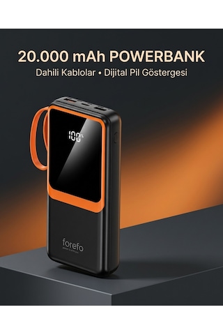 Telefon Ve Mobil Cihaz Uyumlu 20000 Mah Powerbank Dahili Kablolu Dijital Göstergeli Sarı