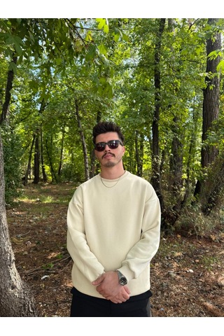 Erkek Oversize Bisiklet Yaka Basic Sweatshirt Ekru