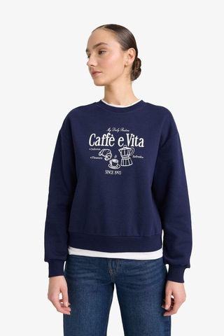 Defacto Relax Fit Bisiklet Yaka Baskılı Kalın Sweatshirt G6298ax25wnnv251 Lacivert-nv251