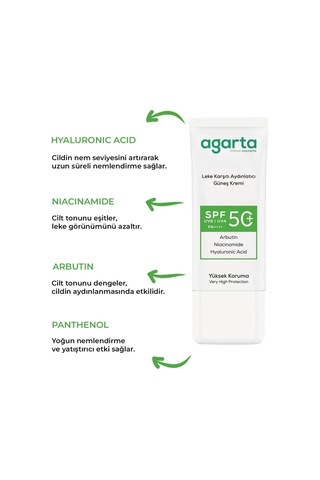 Agarta Leke Karşıtı Aydınlatıcı Spf+50faktör Yüz Güneş Kremi 50ml