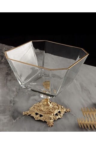 Paşabahçe Metal Ayaklı Gold Detaylı Cam Büyük Boy Salata - Servis - Sunum Kasesi