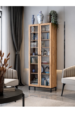 Fibona Mobilya Nova Temperli Camlı Çok Amaçlı Vitrin Kitaplık 80 35 190 Cm Membran Kapak Atlantik Çam