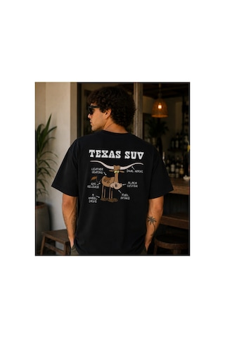 Qmen Style Unisex Siyah Oversize Baskılı T-shirt Texas Suv %100 Pamuk Beyaz