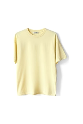 Feg Store %65 Pamuklu Kadın Oversize Sarı Fit Bisiklet Yaka T-shirt