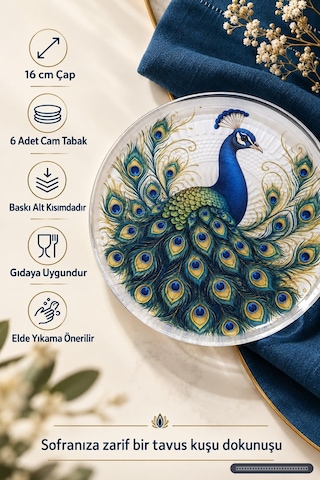 6'lı Cam Tatlı Tabağı - Tavus Kuşu Desenli 16 Cm - 6 Adet Pasta Tabak Mavi