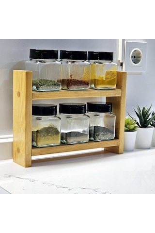 6'lı Baharatlık Standlı Cam Çift Yönlü Kapak 1. Sınıf Kalite Çam Bambu