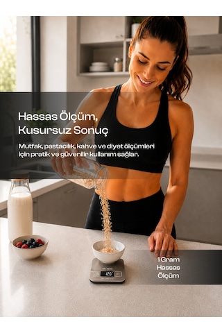 Hassas Mutfak Tartısı ,Dijital Ekranlı - Paslanmaz Mutfak Terazi ,1 Gram Hassas Ölçü ,Dara-TARE Fonksiyonu ,4 Farklı Ölçü Birimi g + oz + ml + ıb:oz