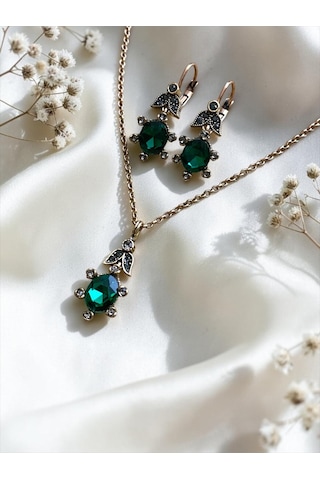 Oval Kristal Taşlı Kolye Ve Küpe Seti Yeşil