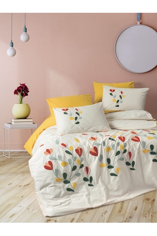 Cotton Box Puff Nakışlı Çift Kişilik Nevresim Takımı Nella Hardal