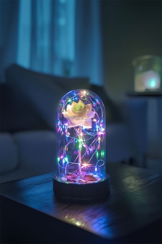 Anneler Gününe Özel Beyaz Gül Rgb Fanus Lamba Usb'li Yapay Çiçek Dekoratif Aydınlatma Hediyelik