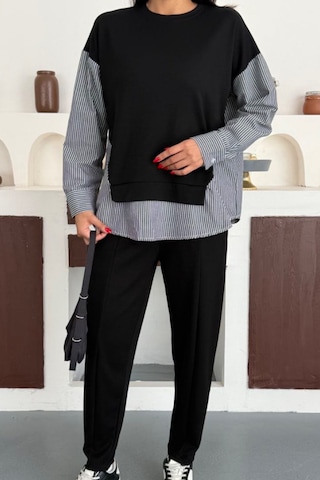 Ded Collectıon Kadın Çizgili Uzun Kollu Gömlek Detaylı Yuvarlak Yaka Sweatshirt Modal Takım Siyah