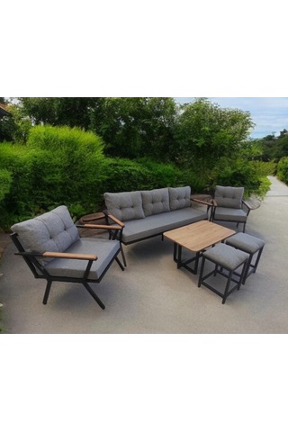 Pilocca Bahçe Ve Balkon Mobilyası Gri 3+1+1 Sehpalı Gri 2 Puflu Gri