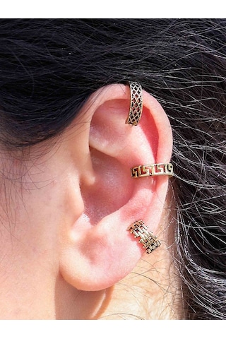 3'lü Antik Model Deliksiz Earcuff Kıkırdak Küpe Seti Eukk3 Sarı