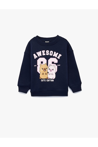 Koton Baskılı Uzun Kollu Bisiklet Yaka Şardonlu Sweatshirt Lacivert 7wmg10138ak