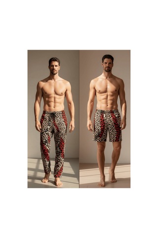 Qmen Style Erkek Kimono Takımı Leopar Desen 3 Lü Viskon Set Bornoz + Pantolon + Şort Bordo