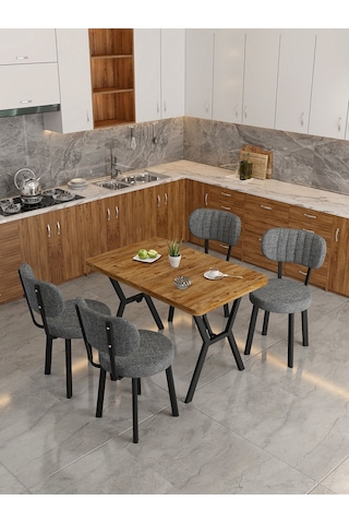 Azra 70x110cm Atlantik Mutfak Masası, Mutfak Masası Takımı, Yemek Masası, 4 Koyu Gri Sandalye Koyu Gri
