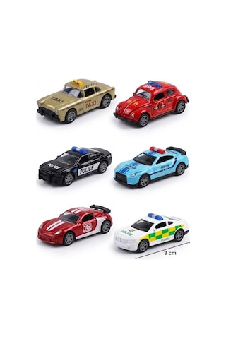 6'lı Metal Çek Bırak Oyuncak Araba Seti - Dayanıklı Diecast Gövde - Polis Taksi Araçları 8 Cm
