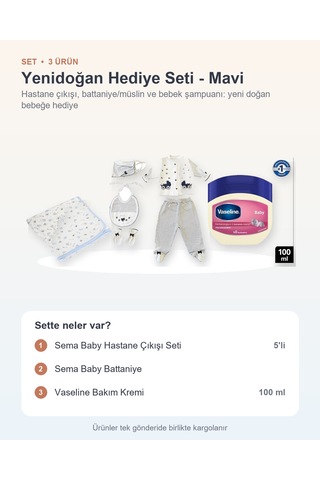 Yenidoğan Hediye Seti 3 Parça: Hastane Çıkışı Seti + Battaniye + Vaseline Bakım Kremi - Mavi