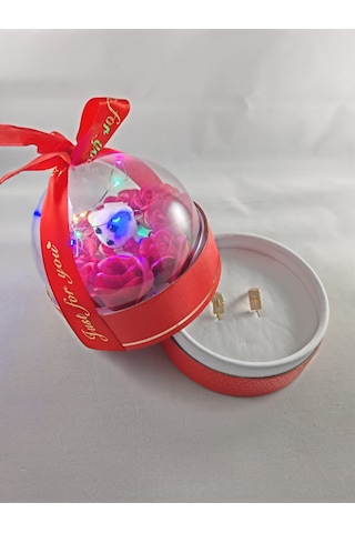 Ledli Ayıcıklı Ve Solmayan Gül Fanus Takı Hediye Kutusu