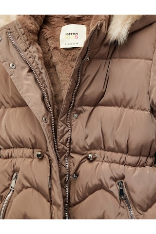 Koton Uzun Kollu Peluş Detaylı Kapşonlu Fermuarlı Şişme Mont Bej 6wkg00021aw Ekru
