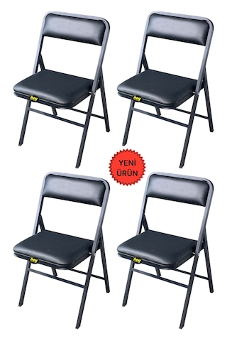 Hey 4'lü Katlanır Kamp Sandalyesi Piknik Sandalyesi Siyah Deri Siyah