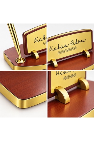 Bk Gift Kişiye Özel Kalemli Ahşap Masa İsimliği Gold Plakalı Bk26 -1 Çok Renkli
