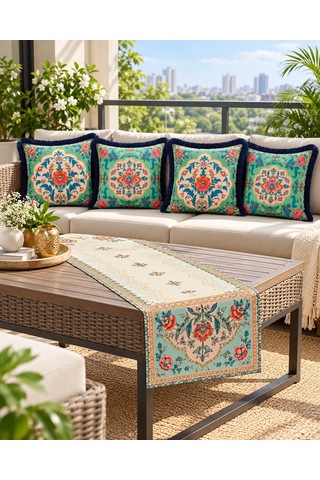 Oriental Bloom Çiçek Desenli Runner + 4 Lü Kırlent Kılıfı Kombin 45 x 45