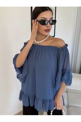 Lodmela Yaka Lastikli Şifon Bluz 6022-Indigo