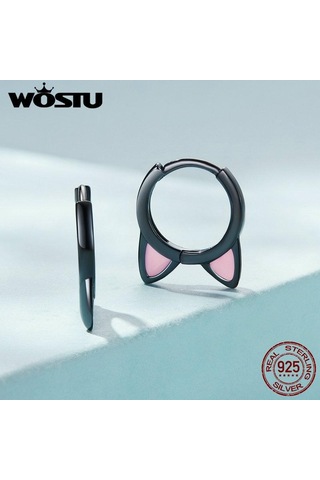 Wostu Gerçek 925 Ayar Gümüş Kedi Kulak Hoop Küpe Kadınlar Için Güzel Pembe Sevimli Pet Paw Çıtçıt Klipler Kız Benzersiz Takı Hediye A