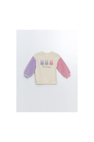 LC Waikiki Lcw Kids Ekru Bisiklet Yaka Kalın Baskılı Kız Bebek Sweatshirt Krem Rengi