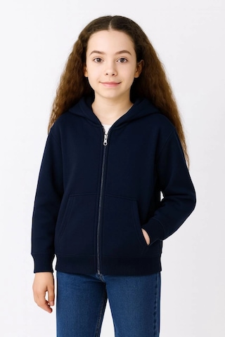 Moda Kız Çocuk Kapüşonlu Kanguru Çepli Tam Fermuarlı Hırka Sweatshirt - Lacivert Çok Renkli