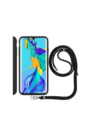 Huawei P30 Pro Uyumlu Siyah İp Askılı Kauçuk Kılıf Resim