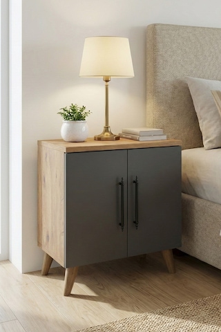 Reyo Enda Home Lumen 2 Kapaklı Raflı Klasik Komodin Antrasit-atlantik Çam Antrasit - Kahverengi