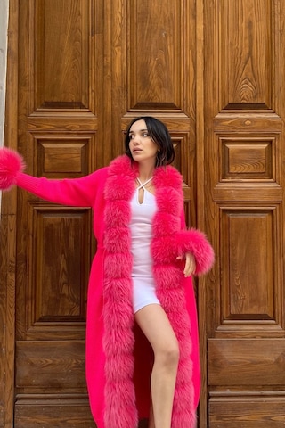 Lava Design Kürklü Triko Hırka & Uzun Triko Hırka & Kadın Triko Hırka Pembe