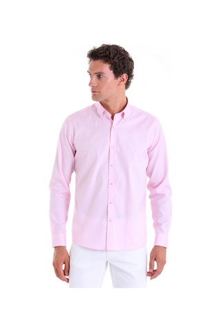 Hatemoğlu Pembe Comfort Fit Düz 100% Pamuk Düğmeli Yaka Uzun Kollu Casual G Pembe