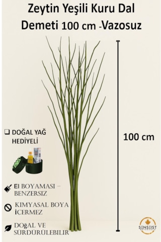 Gerçek Kurutulmuş Ağaç Dalı Zeytin Yeşili El Boyaması 100 Cm