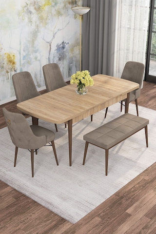 Mona Meşe 80x132 Açılabilir Mdf Masa Yemek Odası Takımı, Mutfak Takımı 4 Sandalye, 1 Bench Meşe Masa - 4+1 Cappuccino - Ceviz Ayak
